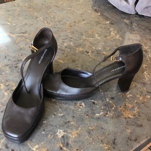 Dark brown leather stacked heels